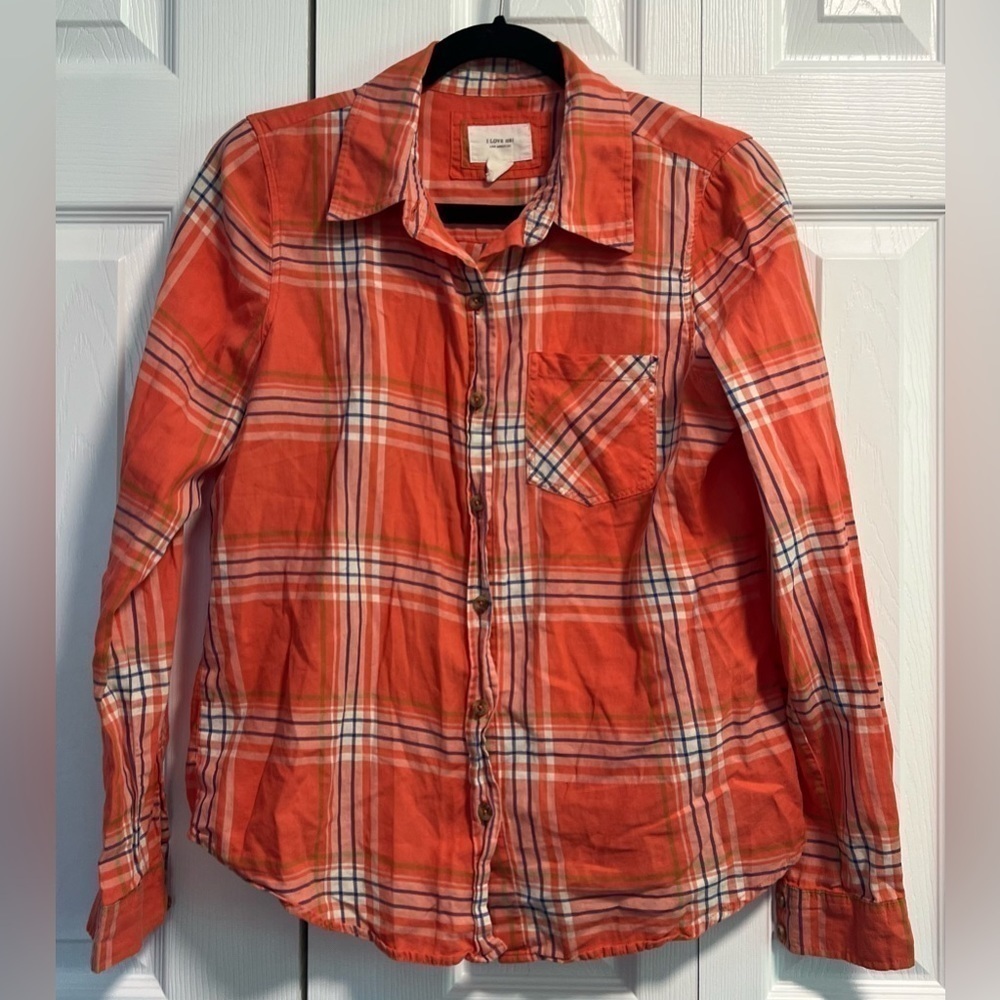 I Love H81 Orange Plaid Long Sleeved Button Down